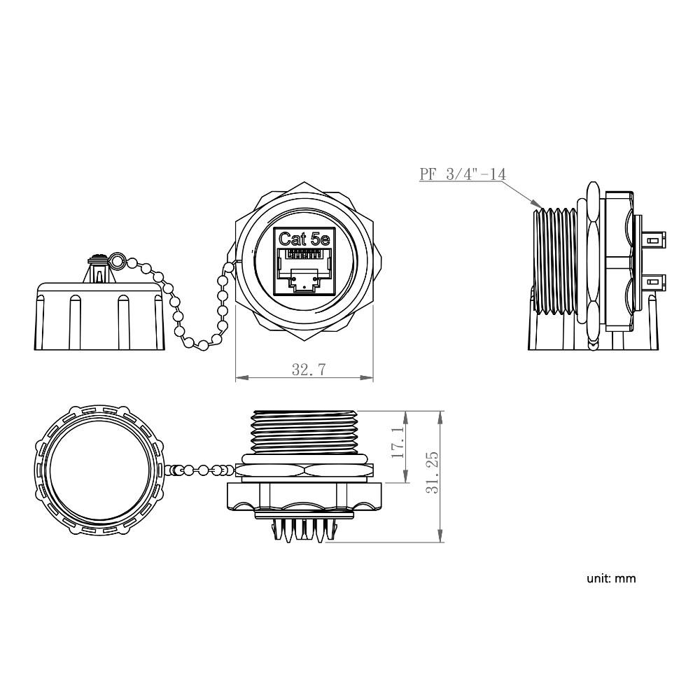 70829 Other Brands Cab JK C5P SBK IP68 IP Rated Cables Accessories Cat5e RJ45 Female to 110 Punch Down Shielded Bulkhead Coupler Waterproof IP68 Rated Black