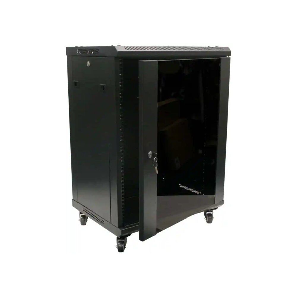 Wall Mount Cabinet 18U x 18 Depth Glass Door – With Wheels