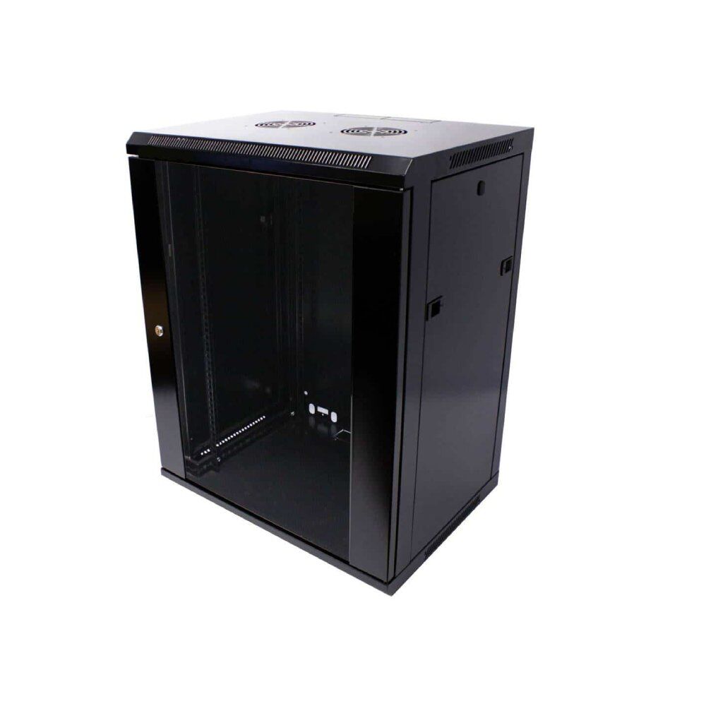 Wall Mount Cabinet 21U x 18″ Depth Glass Door – Black
