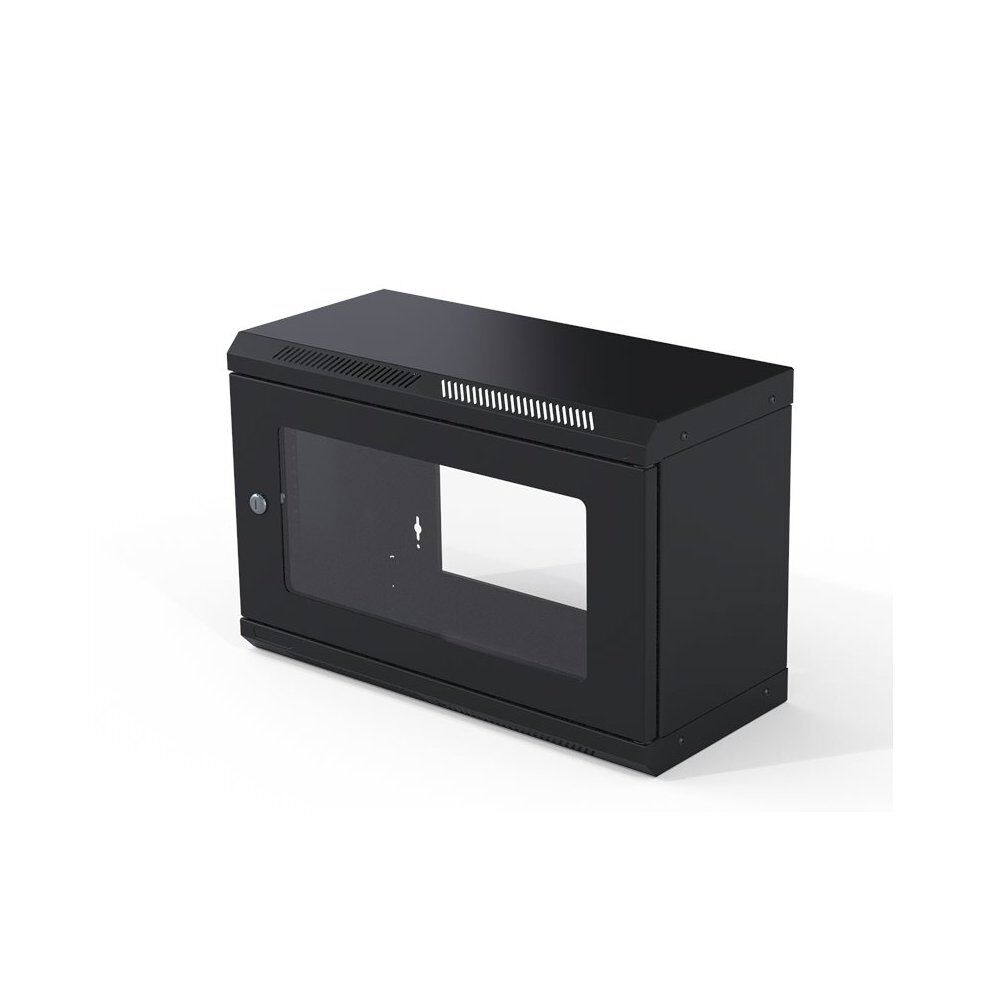 Wall Mount Cabinet 6U x 12″ Depth Open Back Glass Door – Black