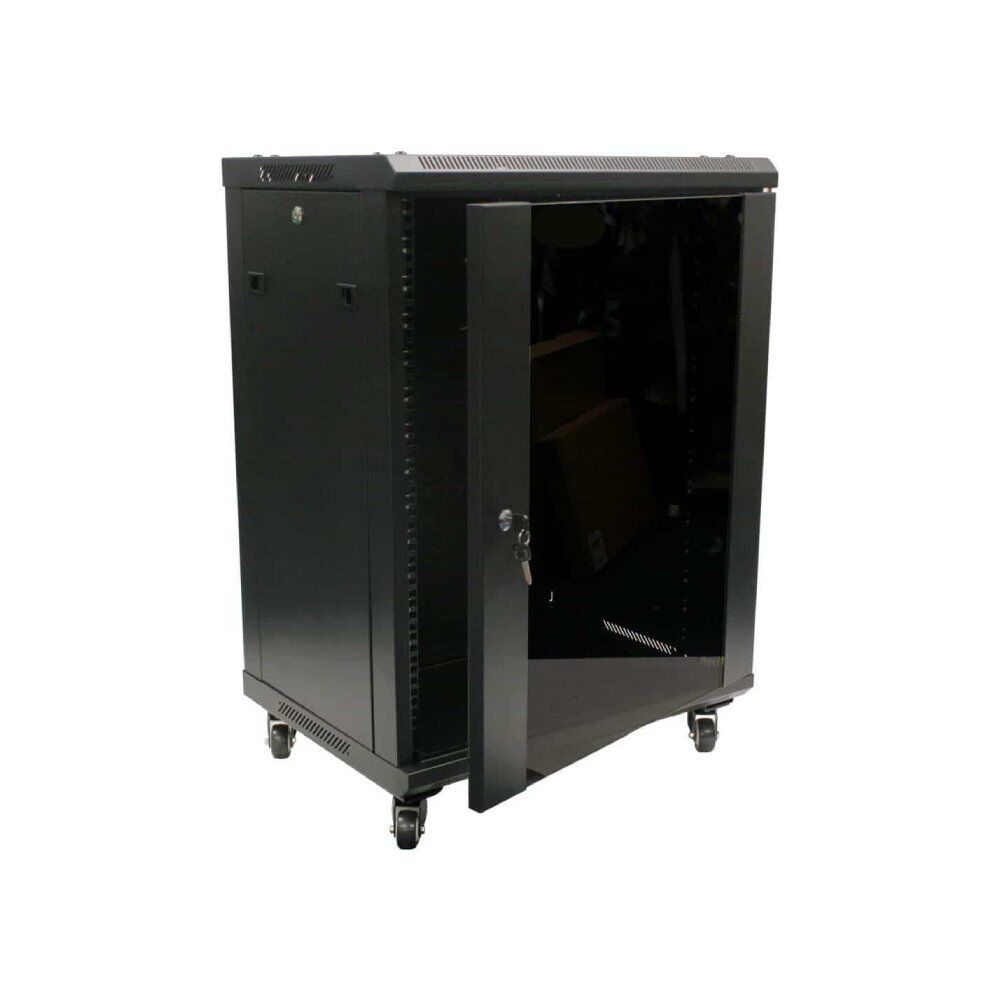 Wall Mount Cabinet 21U x 18″ Depth Glass Door – With Wheels